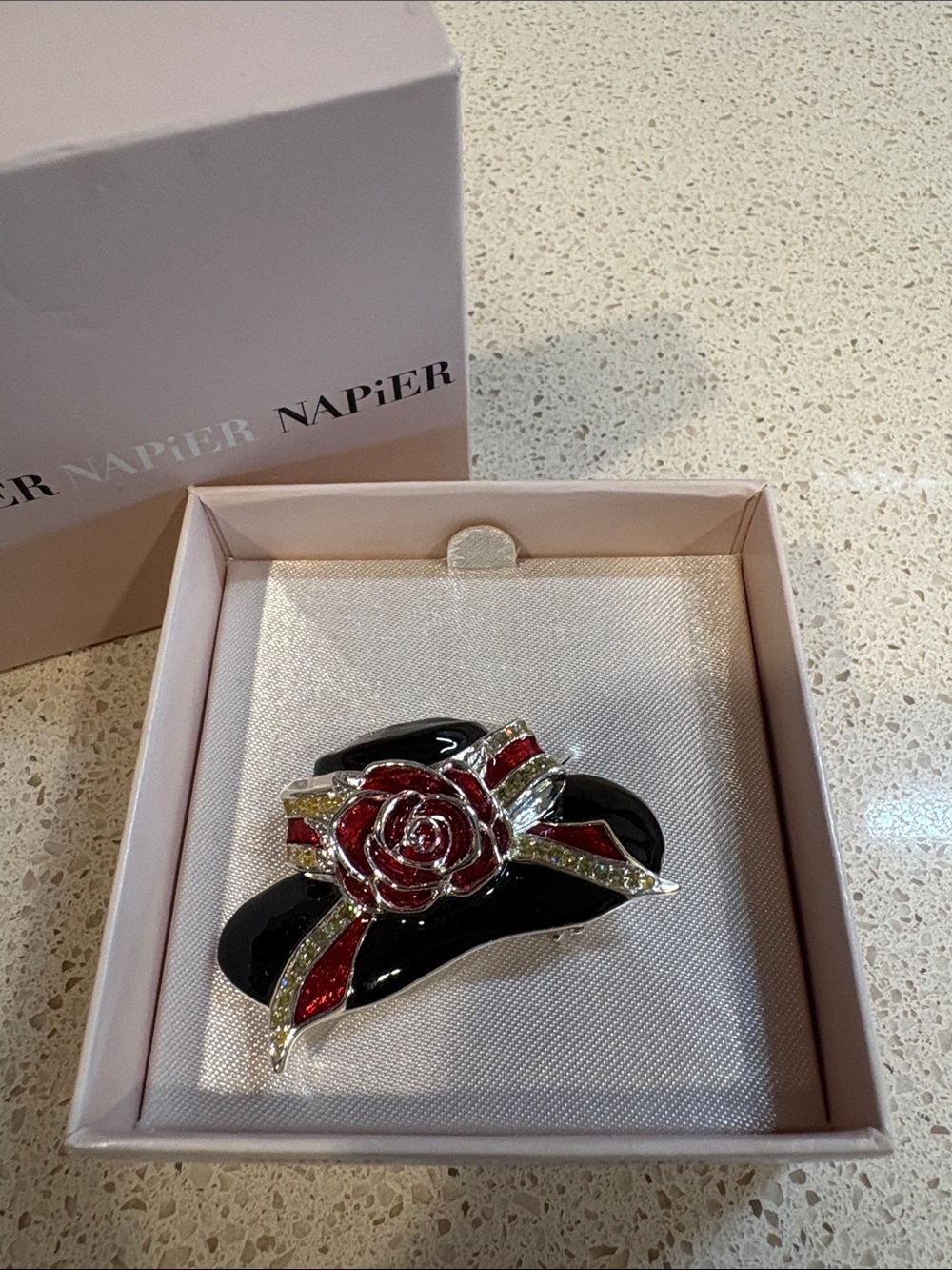 Napier Vintage Inspired Black and Red Rose Hat Brooch NIB